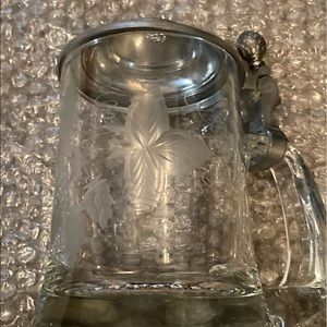 Vintage Pewter Lid Etched Glass Beer Stein Mug Germany 12 oz